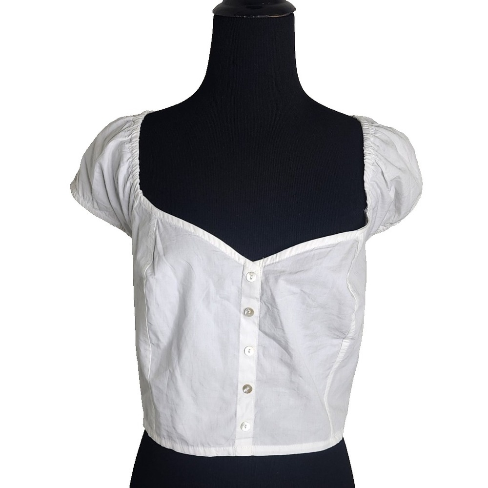 Women's White Puff Sleeve Lace-Up Corset Crop Top Size XL 100% Cotton Preppy